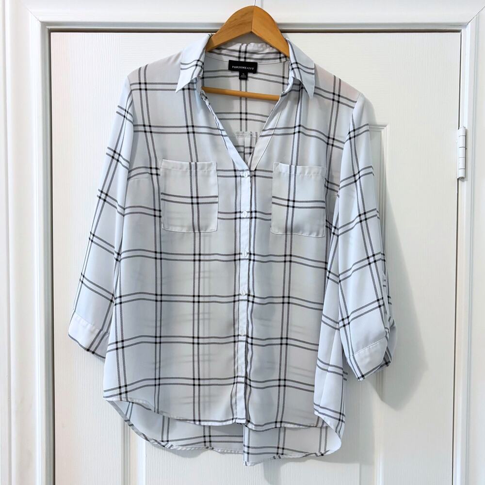 Fortune + Ivy 3/4 Length Button-Up Blouse | Black and White - XL